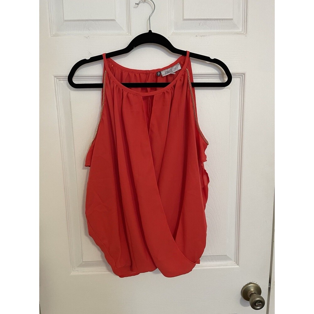 Jennifer Lopez Blouse Womens S Poppy Red Cold Shoulder With Gold Chain Accent